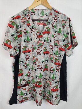 Divine Stretch by JDM Scrub Top Women's Plus Size 2X Christmas Santa Red Truck